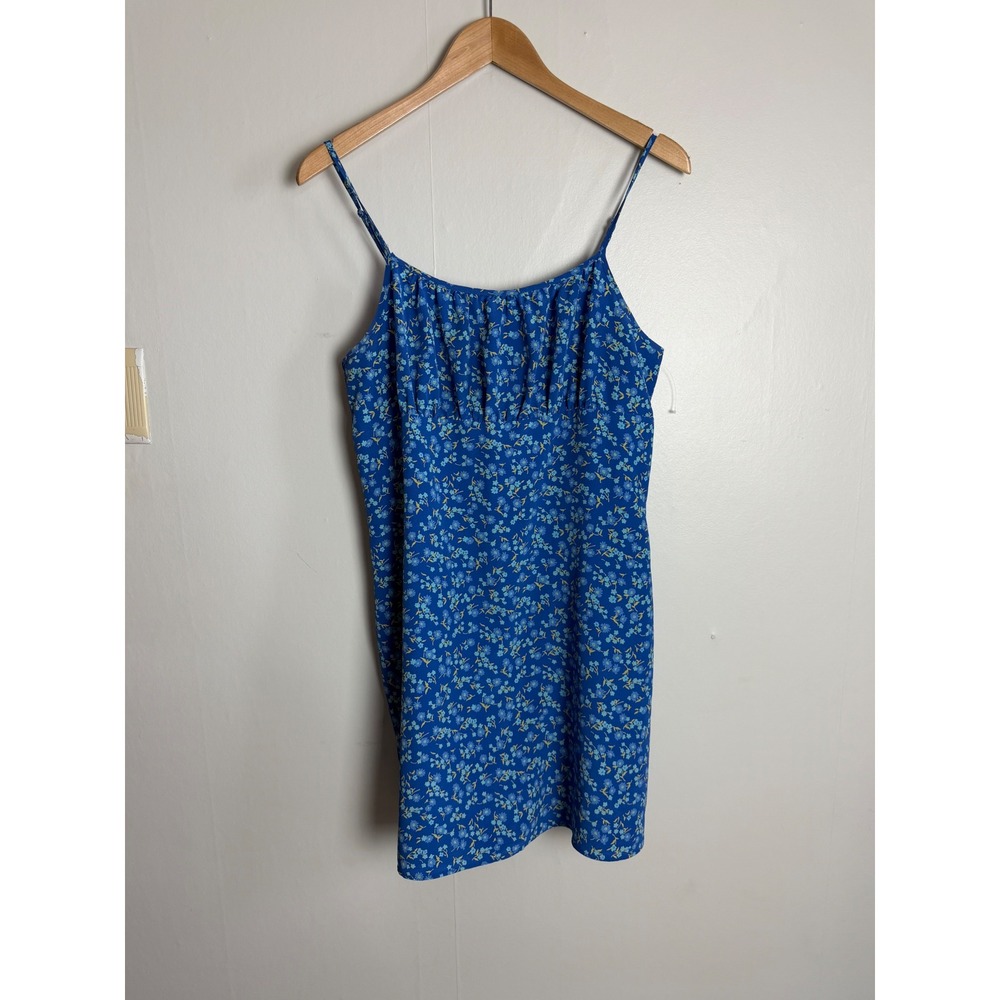 Vintage Express Y2K Blue Floral Romper mini slip dress 90s Spaghetti Strap 12